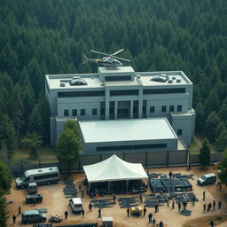 A gigantic mafia base building, predominantly grey, featuring a helicopter perched on its roof