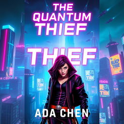 A captivating book cover design for "The Quantum Thief" by Ada Chen, featuring a vibrant cyberpunk cityscape illuminated with neon lights