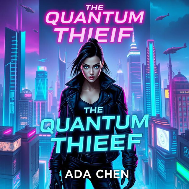 A captivating book cover design for "The Quantum Thief" by Ada Chen, featuring a vibrant cyberpunk cityscape illuminated with neon lights