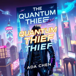 A captivating book cover design for "The Quantum Thief" by Ada Chen, featuring a vibrant cyberpunk cityscape illuminated with neon lights