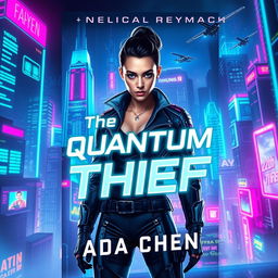 A captivating book cover design for "The Quantum Thief" by Ada Chen, featuring a vibrant cyberpunk cityscape illuminated with neon lights