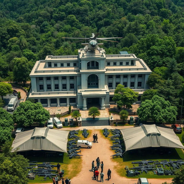 A massive mafia base building, grand and grey in appearance, featuring a helicopter perched on its rooftop