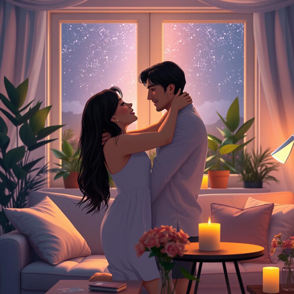 A romantic scene depicting two people embracing in a cozy, beautifully decorated room filled with soft lighting and warm colors