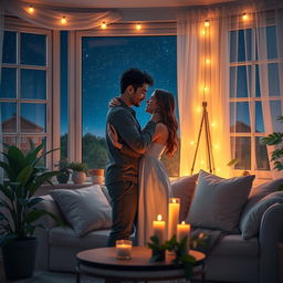 A romantic scene depicting two people embracing in a cozy, beautifully decorated room filled with soft lighting and warm colors