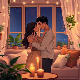 A romantic scene depicting two people embracing in a cozy, beautifully decorated room filled with soft lighting and warm colors