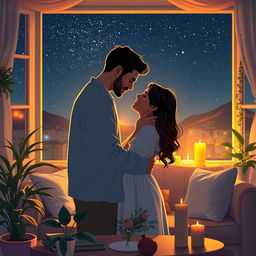 A romantic scene depicting two people embracing in a cozy, beautifully decorated room filled with soft lighting and warm colors