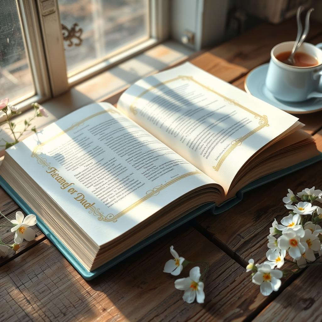 A beautiful, light blue hardcover book lying open on a rustic wooden table