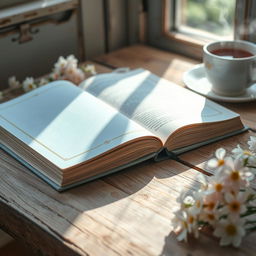 A beautiful, light blue hardcover book lying open on a rustic wooden table