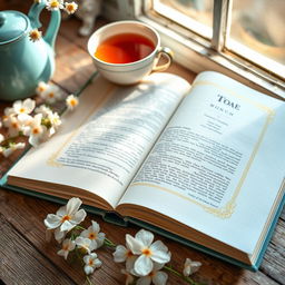 A beautiful, light blue hardcover book lying open on a rustic wooden table