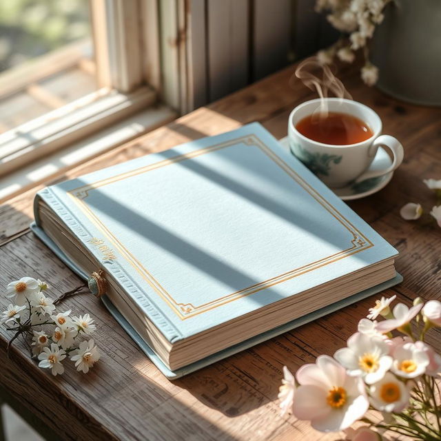 A beautiful, light blue hardcover book lying open on a rustic wooden table