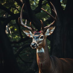 A close-up of a deer standing in a shadowy forest, its fur matted with blood, showcasing the contrasting vibrant colors of the forest