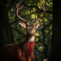 A close-up of a deer standing in a shadowy forest, its fur matted with blood, showcasing the contrasting vibrant colors of the forest