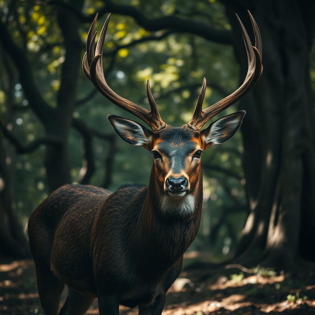 A close-up of a deer standing in a shadowy forest, its fur matted with blood, showcasing the contrasting vibrant colors of the forest