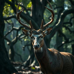 A close-up of a deer standing in a shadowy forest, its fur matted with blood, showcasing the contrasting vibrant colors of the forest