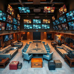 A spacious first floor interior featuring numerous large screens mounted on the walls, displaying vibrant graphics and information