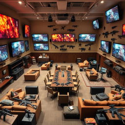A spacious first floor interior featuring numerous large screens mounted on the walls, displaying vibrant graphics and information