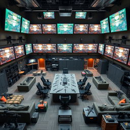 A spacious first floor interior featuring numerous large screens mounted on the walls, displaying vibrant graphics and information