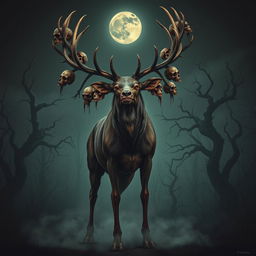 A monstrous deer standing tall in a dark, eerie forest, its enormous antlers adorned with the heads and skulls of humans, creating a terrifying and chilling spectacle