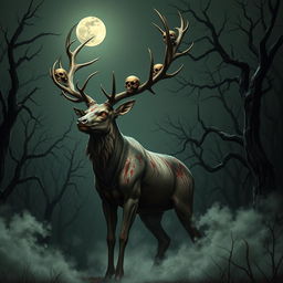 A monstrous deer standing tall in a dark, eerie forest, its enormous antlers adorned with the heads and skulls of humans, creating a terrifying and chilling spectacle