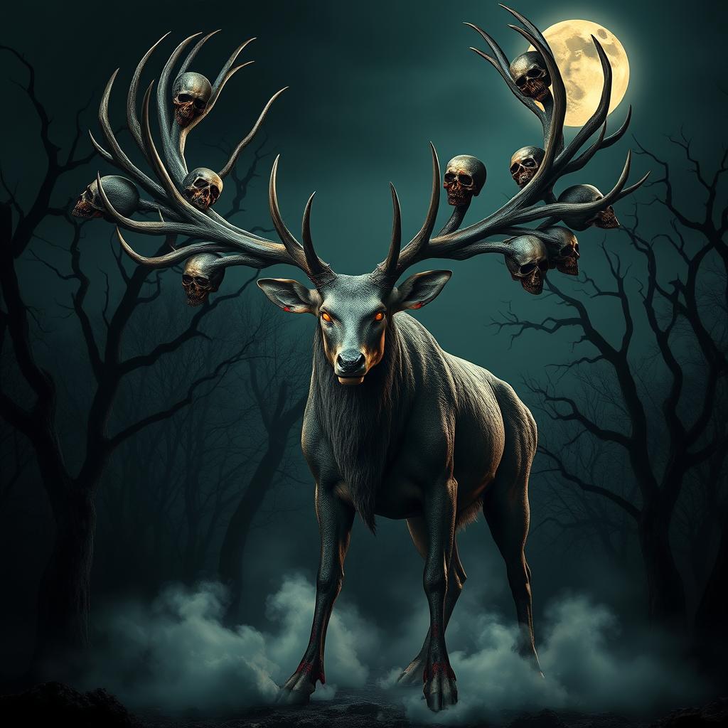 A monstrous deer standing tall in a dark, eerie forest, its enormous antlers adorned with the heads and skulls of humans, creating a terrifying and chilling spectacle