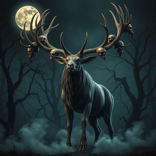 A monstrous deer standing tall in a dark, eerie forest, its enormous antlers adorned with the heads and skulls of humans, creating a terrifying and chilling spectacle