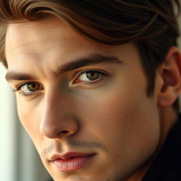A beautiful brown-haired man with captivating brown eyes, featuring a distinct cut across his lips on the left side
