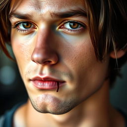 A beautiful brown-haired man with captivating brown eyes, featuring a distinct cut across his lips on the left side