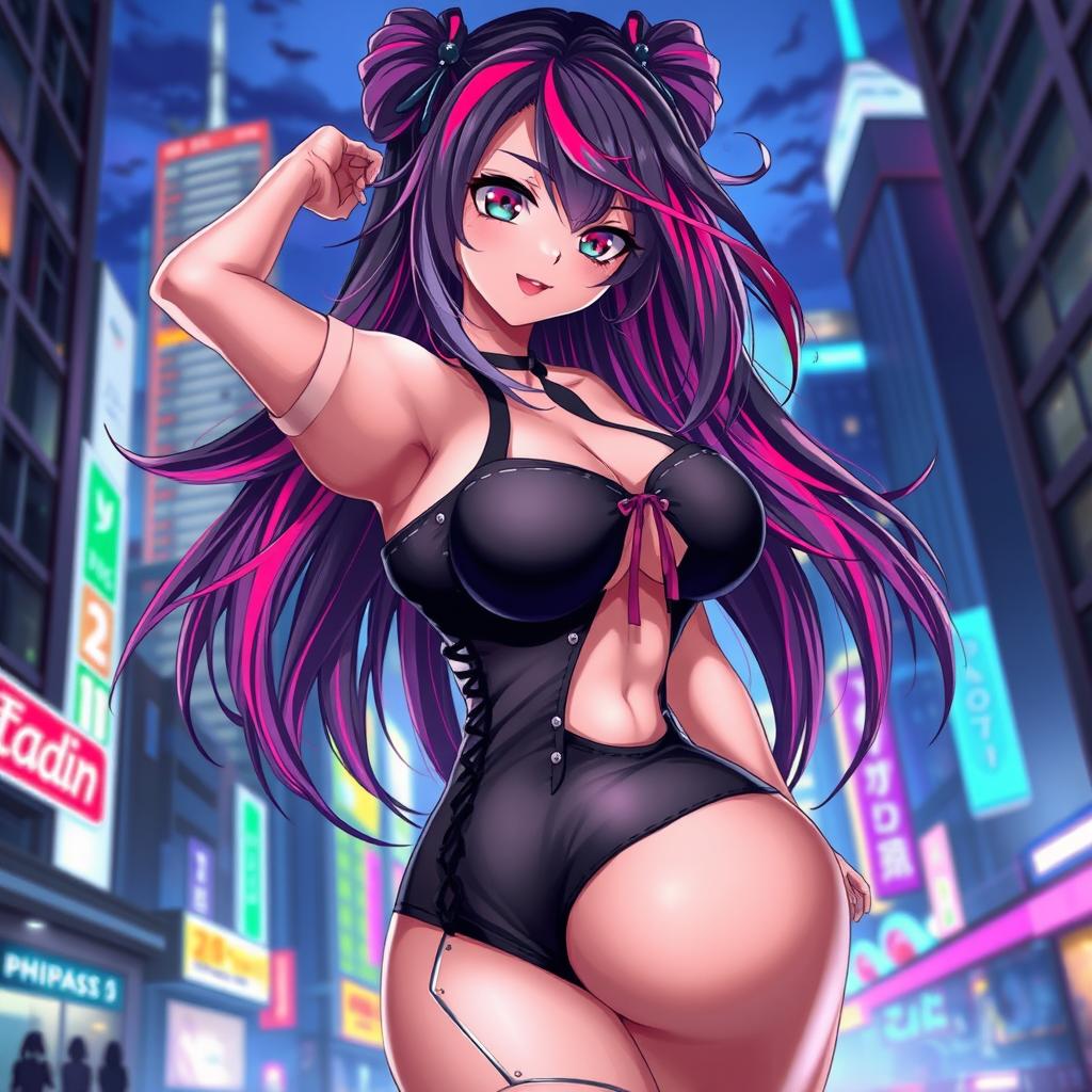 A beautifully illustrated anime character with striking features, wearing a stylish and revealing outfit that emphasizes her allure and charm