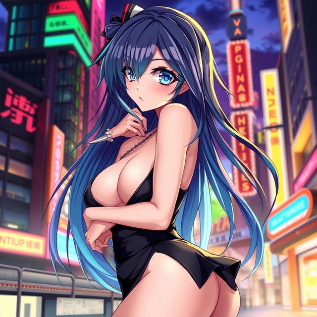 A beautifully illustrated anime character with striking features, wearing a stylish and revealing outfit that emphasizes her allure and charm