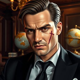 A handsome mafia boss with brown hair and brown eyes, featuring a noticeable scar cutting across his lips on the left side, a remnant from a past conflict