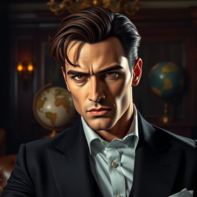 A handsome mafia boss with brown hair and brown eyes, featuring a noticeable scar cutting across his lips on the left side, a remnant from a past conflict