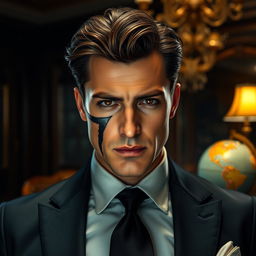 A handsome mafia boss with brown hair and brown eyes, featuring a noticeable scar cutting across his lips on the left side, a remnant from a past conflict