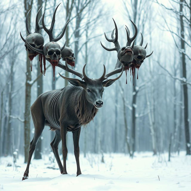 A terrifying, emaciated deer standing in a snowy forest, its skin drawn tight over its bones