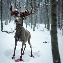 A terrifying, emaciated deer standing in a snowy forest, its skin drawn tight over its bones