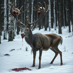 A terrifying, emaciated deer standing in a snowy forest, its skin drawn tight over its bones
