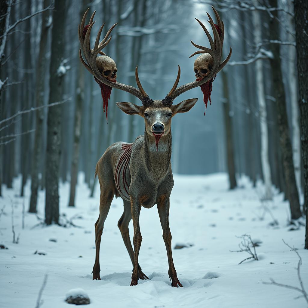 A terrifying, emaciated deer standing in a snowy forest, its skin drawn tight over its bones