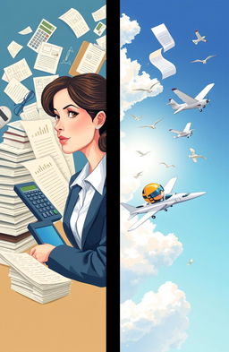 A creative illustration contrasting the world of accounting with a dream of aviation