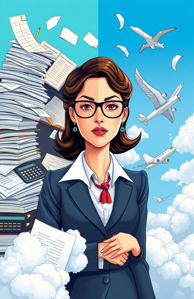 A creative illustration contrasting the world of accounting with a dream of aviation