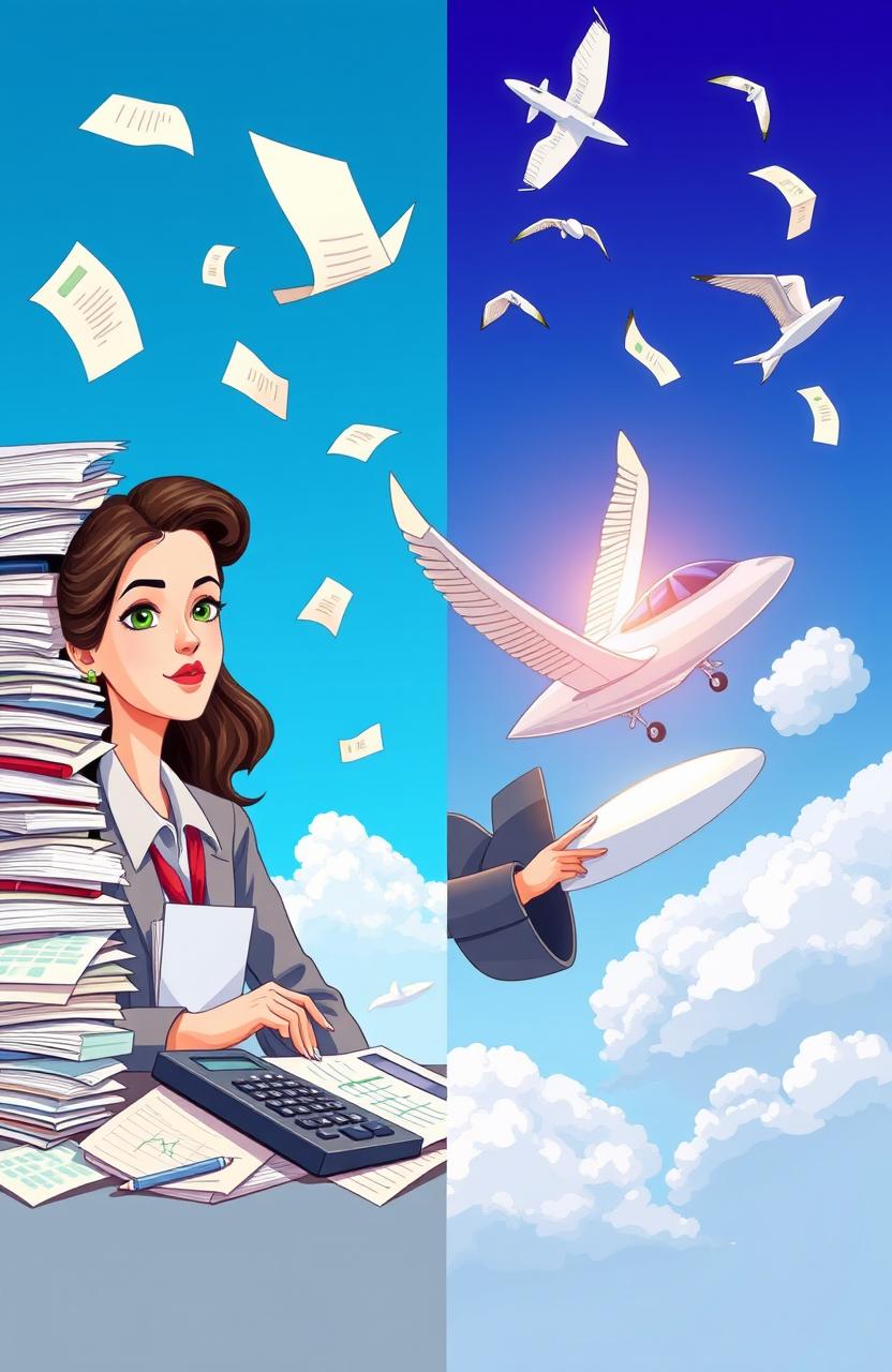 A creative illustration contrasting the world of accounting with a dream of aviation