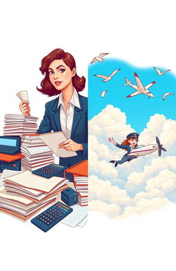 A creative illustration contrasting the world of accounting with a dream of aviation