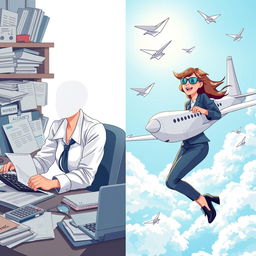 A dynamic and imaginative illustration that represents the duality of accounting and aviation ambitions