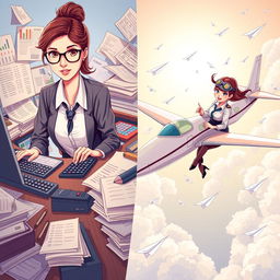 A dynamic and imaginative illustration that represents the duality of accounting and aviation ambitions