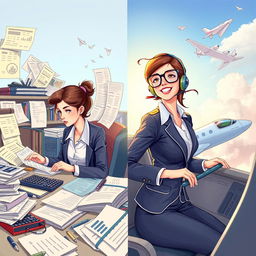 A dynamic and imaginative illustration that represents the duality of accounting and aviation ambitions