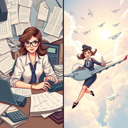 A dynamic and imaginative illustration that represents the duality of accounting and aviation ambitions