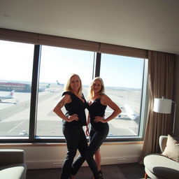 In their stylish suite at Bloc Hotel London Gatwick, Scarlett, a confident woman in her 40s, and her stepdaughter Amanda, in her 20s, stand together in front of large windows