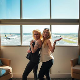 In their stylish suite at Bloc Hotel London Gatwick, Scarlett, a confident woman in her 40s, and her stepdaughter Amanda, in her 20s, stand together in front of large windows