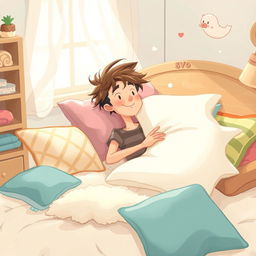 A whimsical, illustrated scene depicting the legend of a lazy grandson who transforms into a pillow