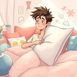 A whimsical, illustrated scene depicting the legend of a lazy grandson who transforms into a pillow