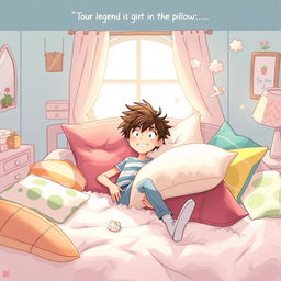 A whimsical, illustrated scene depicting the legend of a lazy grandson who transforms into a pillow