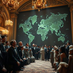 In a lavish ballroom filled with luxury and grandeur, a gathering of billionaires clad in bespoke suits and elegant gowns revel in their opulence